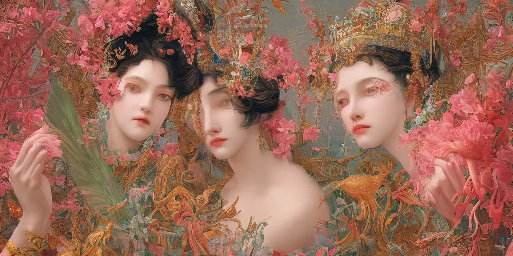 Image similar to breathtaking detailed concept art painting of the goddess of flamingo, orthodox saint, with anxious, piercing eyes, ornate background, amalgamation of leaves and flowers, by Hsiao-Ron Cheng and John James Audubon, extremely moody lighting, 8K