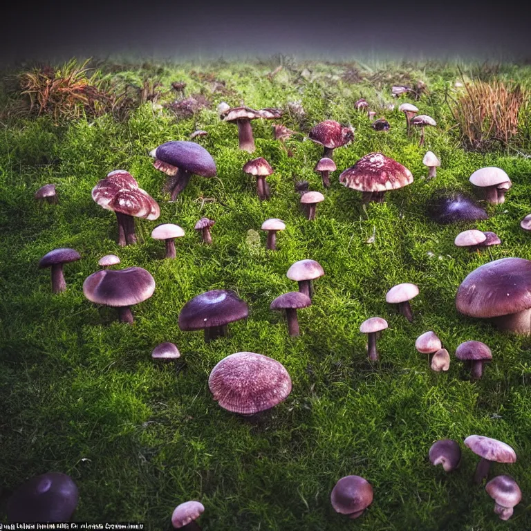 Image similar to a planet of various fungus, mushrooms, flowers and plants, inside the picture is infinity, Atmospheric, artistic photography, conceptual, long exposure outside the city, volumetric light