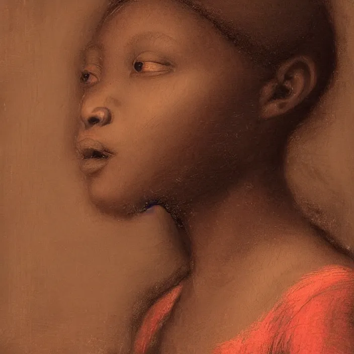 Image similar to a painting of a African girl by Leonardo da Vinci . dramatic angle, ethereal lights, details, smooth, sharp focus, illustration, realistic, cinematic, artstation, award winning, rgb , unreal engine, octane render, cinematic light, macro, depth of field, blur, red light and clouds from the back, highly detailed epic cinematic concept art CG render made in Maya, Blender and Photoshop, octane render, excellent composition, dynamic dramatic cinematic lighting, aesthetic, very inspirational, arthouse.