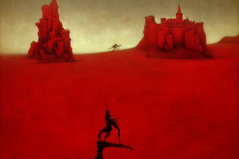 Image similar to only with red, in a red dream world, a crimson tiger, a castle in the background, medieval demons, an ancient path in the style of beksinski, part by hopper, part by rodcenko, part by hofbauer, intricate composition, red by caravaggio, insanely quality, highly detailed, masterpiece, red light, artstation