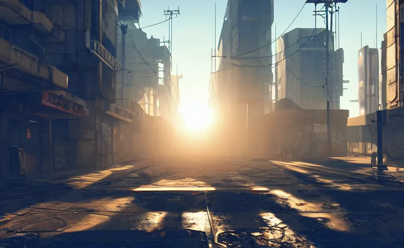 Image similar to photorealistic post - apocalyptic cyberpunk city streets. daylight. sunlight. lens flare. light fixtures. 8 k. detailed. photorealism. artstation. 2 5 mm f 1. 7