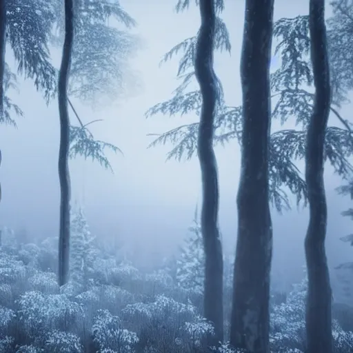 Prompt: still shot of a forest covered with winter fog, highly detailed, photorealistic portrait, bright studio setting, studio lighting, crisp quality and light reflections, unreal engine 5 quality render