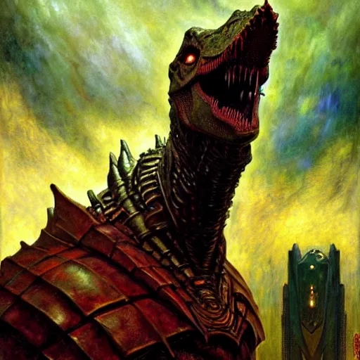 Prompt: portrait of sauron the dinosaur mutant from xmen. shadowrun furaffiniy cyberpunk fantasy highly detailed painting by gaston bussiere craig mullins jc leyendecker gustav klimt artgerm greg rutkowski john berkey, bergey, craig mullins, ruan jia, raymond swanland, jeremy mann, tom lovell, alex malveda