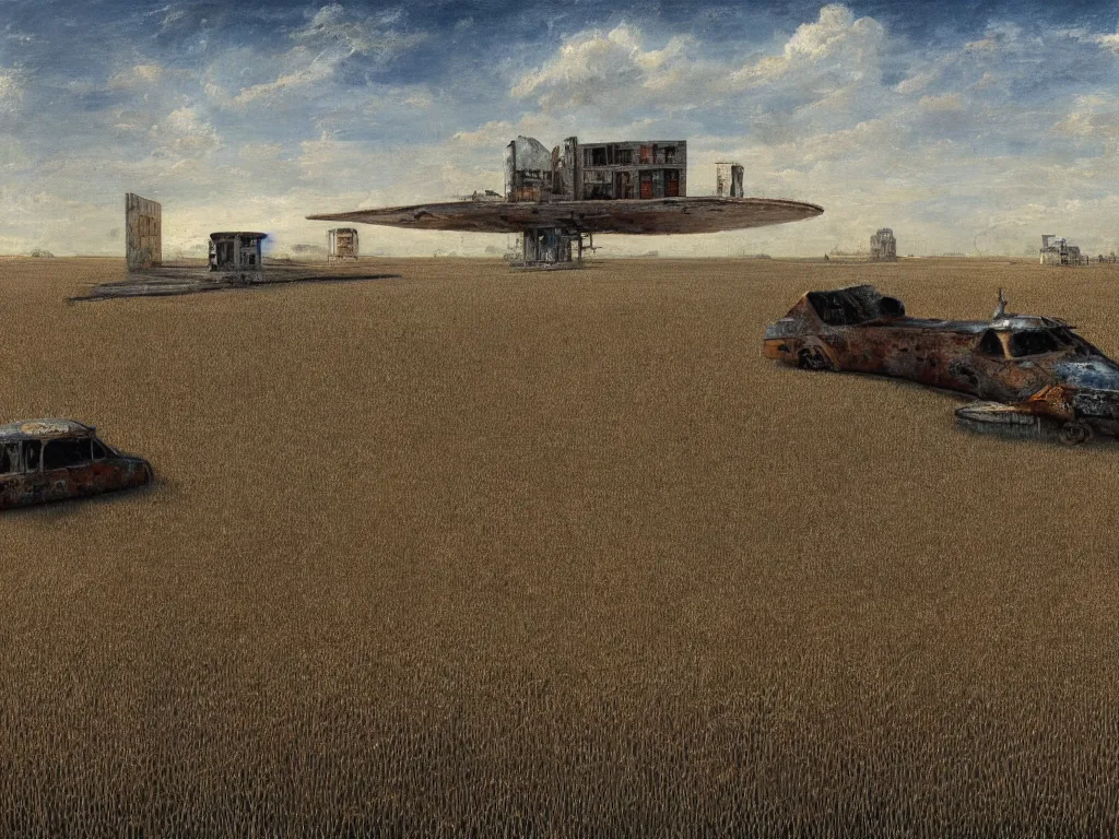 Prompt: A fantastic painting of a dilapidated post-modern building on a wheat field with an abandoned spaceship parked on the roof of the building, by Mat Collishaw, Trending on artstation, very detailed