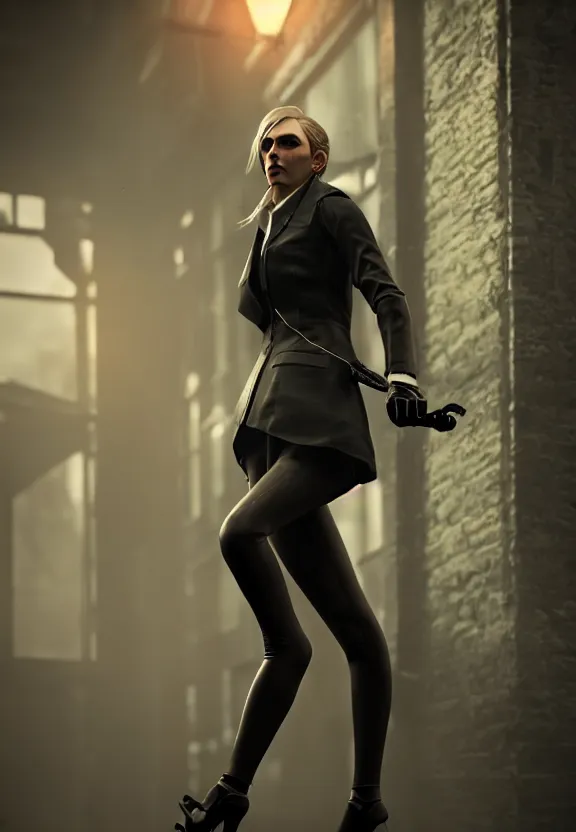 Prompt: beautiful model annie leonhart running on high heels in dunwall city, beautiful face, detailed face, cinematic lighting, rainy weather, melancholy atmosphere, volumetric light, octane render, dishonored 1, gothic architecture, realistic reflections, octane render 8 k, model agency