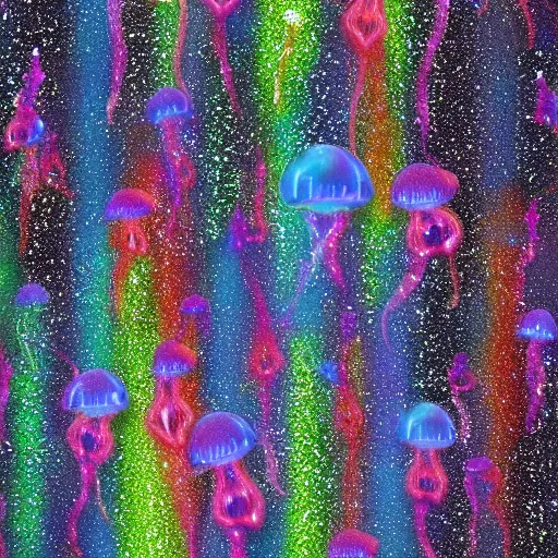 Prompt: Sparkling jellyfish swimming in glitter