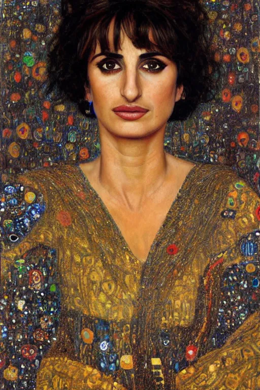 Image similar to oil painting, portrait of penelope cruz, artwork by gustav klimt