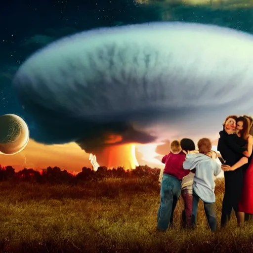 Prompt: A family hugging each other, apocalyptic nuclear explosion in the background