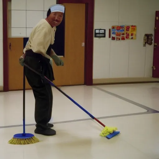 Image similar to genghis khan as a janitor in an elementary school, mopping the floor