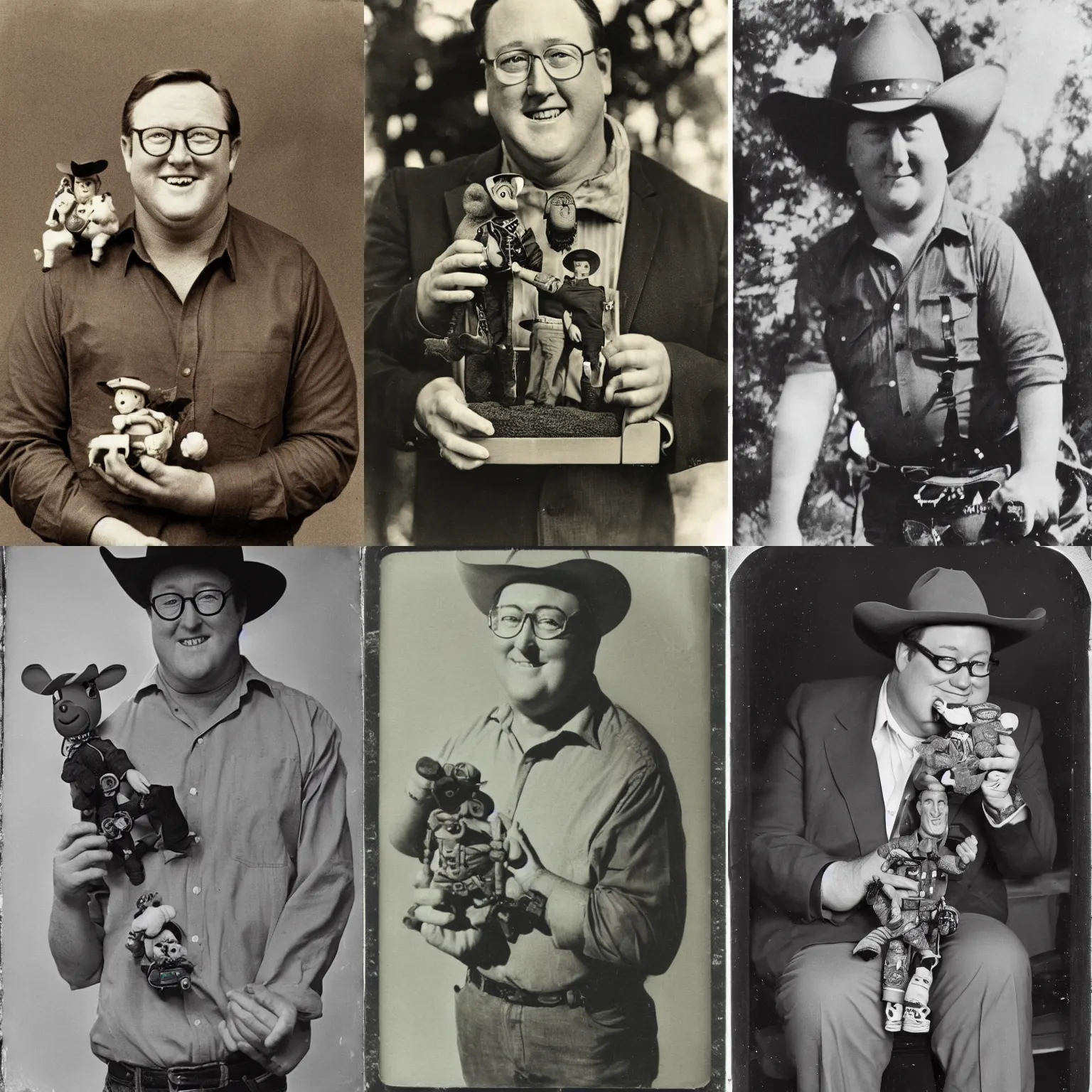 Prompt: a tintype photograph of John Lasseter with a cowboy toy in his hands