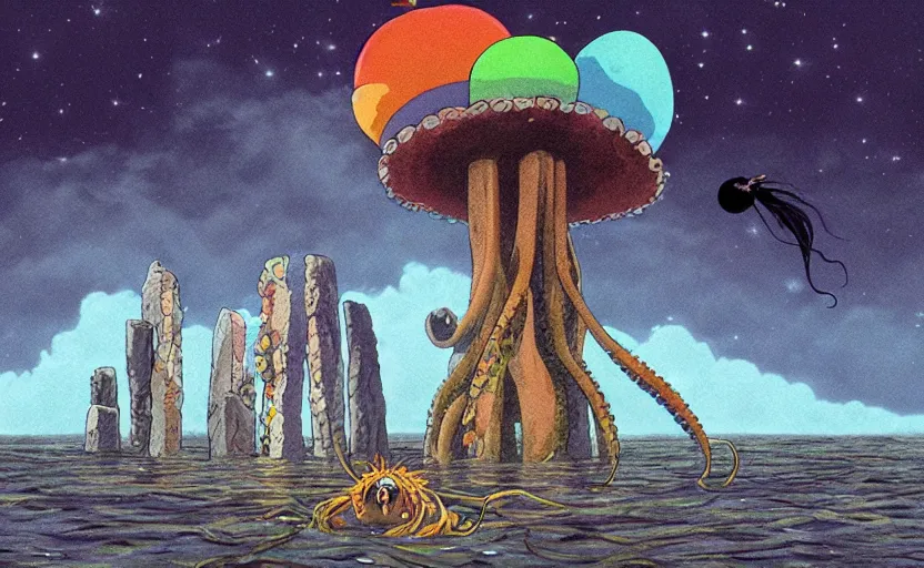 Image similar to a realistic cell - shaded studio ghibli concept art from paprika ( 2 0 0 6 ) of a flying multi - colored octopus from close encounters of the third kind ( 1 9 7 7 ) and a grey long - haired witch in a flooded stonehenge on a misty starry night. very dull colors, wide shot, hd, 4 k, hq