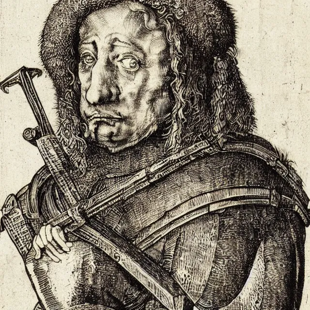 Prompt: “An engraving of a landsknecht by Albrecht Durer (1523)”