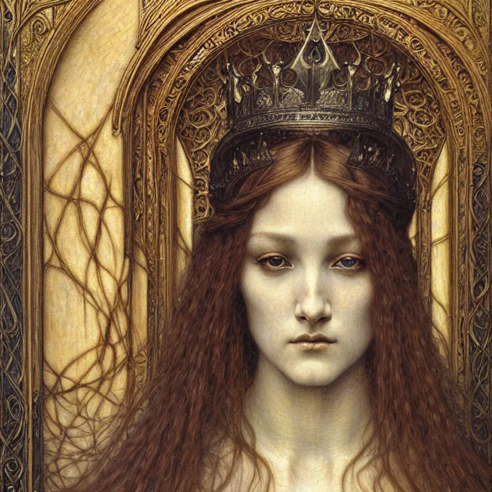 Image similar to detailed realistic beautiful young medieval queen face portrait by jean delville, gustave dore and marco mazzoni, art nouveau, symbolist, visionary, gothic, pre - raphaelite. horizontal symmetry