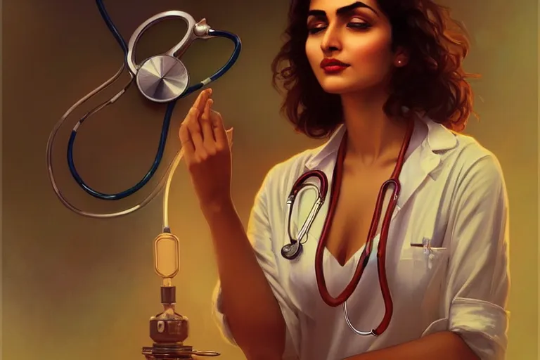 Image similar to sensual pale beautiful indian doctor in jeans with stethoscope, art deco portrait, elegant, intricate, digital painting, artstation, concept art, smooth, sharp focus, illustration, art by artgerm and greg rutkowski and alphonse mucha