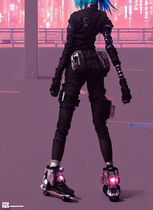 Prompt: hyper - realistic cyberpunk anime woman wearing inline skate, tokyo street, extreme detail, good face, model, concept art, in style of yoji shinkawa, pan ren wei, col price, atey ghailan, by greg rutkowski, by greg tocchini, by james gilleard, by joe fenton, by kaethe butcher, aesthetic