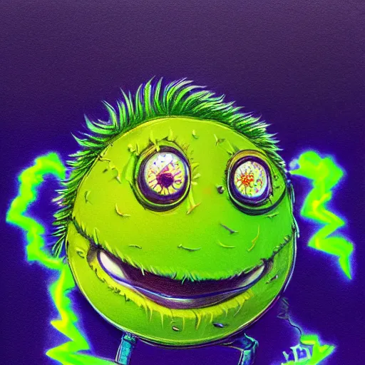 Image similar to a Andy Milonakis tennis ball monster, tennis ball, lightning, chalk, digital art, fantasy, magic, trending on artstation, ultra detailed, professional illustration by Basil Gogos