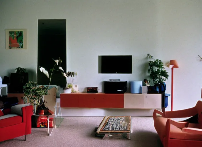 Prompt: 3 5 mm photogaphy of the interior of a living room by memphis group