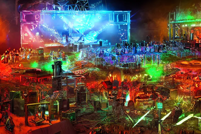 Image similar to an outdoor festival stage with audience, on stage is a rockband with 3 steampunk robots with guitars and drums, center of the stage is a big steampunk generator, laser show, 8 k, fluorescent colors, halluzinogenic, multicolored, exaggerated detailed, unreal engine, 8 0 mm lens