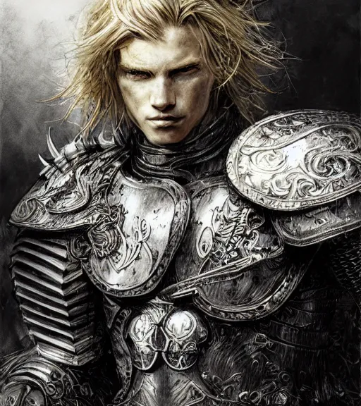 Prompt: portrait of long hair blond man in armor, pen and ink, intricate line drawings, by craig mullins, ruan jia, kentaro miura, greg rutkowski, loundraw