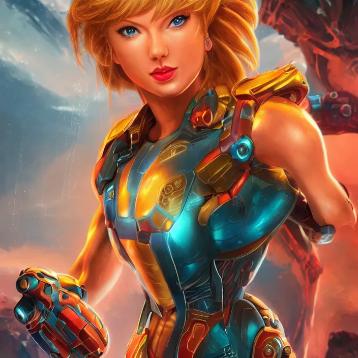 Image similar to metroid. portrait of Taylor Swift as SAMUS ARAN. HD, 4K. intricate. intricate artwork. by Tooth Wu, wlop, beeple, dan mumford. octane render, trending on artstation, greg rutkowski very coherent symmetrical artwork. cinematic, hyper realism, high detail, octane render, 8k, iridescent accents.