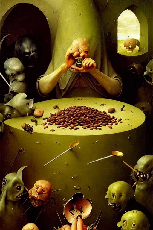 Image similar to hieronymus bosch, greg rutkowski, anna podedworna, painting of a vtubers eating beans