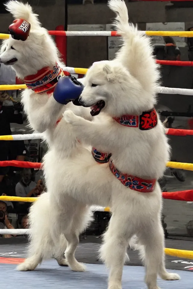 Image similar to samoyed dog competing in muay thai kickboxing world championship, photorealistic