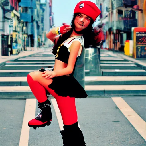 Image similar to Jet Set Radio, Teenage girl, French girl, black beret, black beret with a red star, black shirt with red star, black leather shorts, rollerblading, rollerskates, city on a hillside, colorful buildings, futuristic city