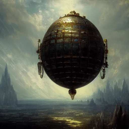 Image similar to enormous flying city in a faberge egg, sky, steampunk, fantasy art, masterpiece, hugh ferriss, unreal engine, peder balke, andreas achenbach cloudy background