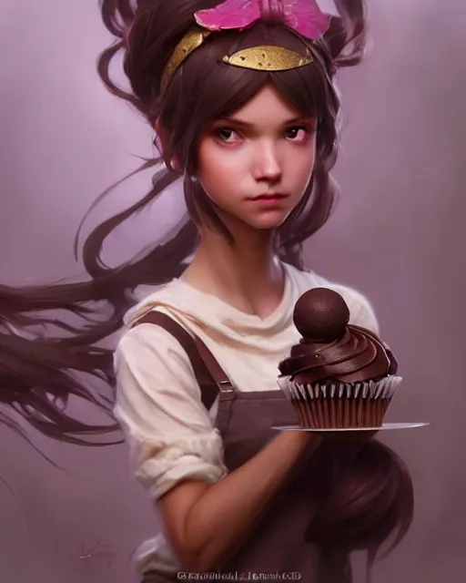 Prompt: a ( ( girl as personification of chocolate cupcake ) ), beauty, fantasy bakery, digital painting by krenz cushart, greg rutkowski, artgerm, laurie greasly, wlop, intricate, highly detailed!!, sharp focus, smooth, epic composition, joyful, unreal engine, masterpiece, 8 k