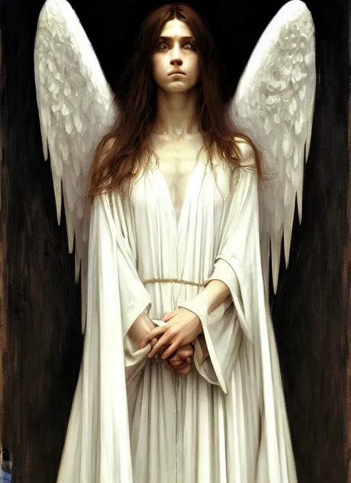 Image similar to portrait of angel in white robes. realistic shaded lighting poster by greg rutkowski, john william waterhouse, trending on art statio. highly detailed, symmetrical face.