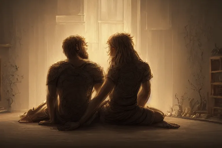 Image similar to close up of man and woman sitting on the floor while hugging each other in the living room, deep focus, d & d, fantasy, intricate, elegant, highly detailed, digital painting, artstation, concept art, matte, sharp focus, illustration