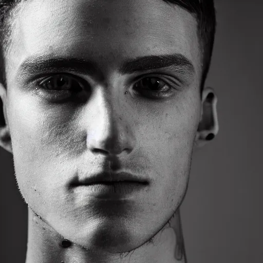 Prompt: a closeup photo of a male model with modern medieval haircut by boris bidjan saberi, 4 k, studio lighting, wide angle lens