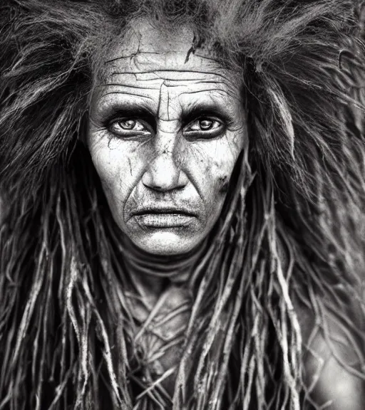 Prompt: Award winning reportage photo of prehistoric Cavepersons with incredible insane hair and beautiful hyper-detailed eyes wearing traditional garb by Lee Jeffries, 85mm ND 5, perfect lighting, gelatin silver process