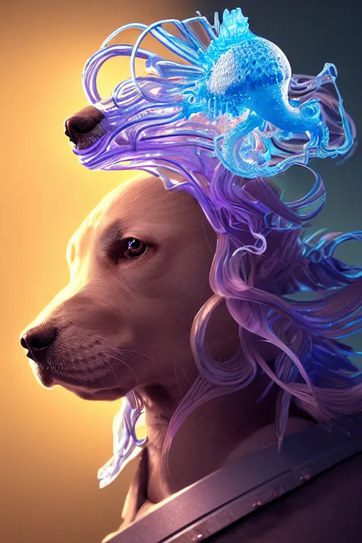 Image similar to 3 d dog as god close - up profile portrait with crown, betta fish, jellyfish phoenix, bio luminescent, flowing hair, muscular, partial anatomy, caesar victorious, plasma, ice, water, wind, creature, artwork by tooth wu and wlop and beeple and greg rutkowski