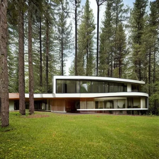 Prompt: a modern house in the woods. the house is the shape of a mobius strip with large picture windows. there are pine trees all around.