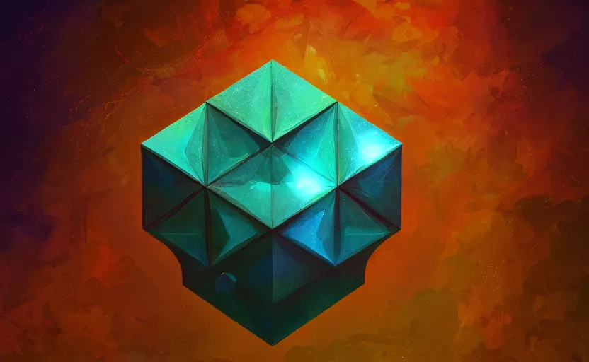 Image similar to a painting of a sierpinski icosahedron trending on artstation in the style of greg rutkowski, 3 d, fractal, 4 d, endless, rainbow, geometric tesseract, symmetry, wallpaper, sacred