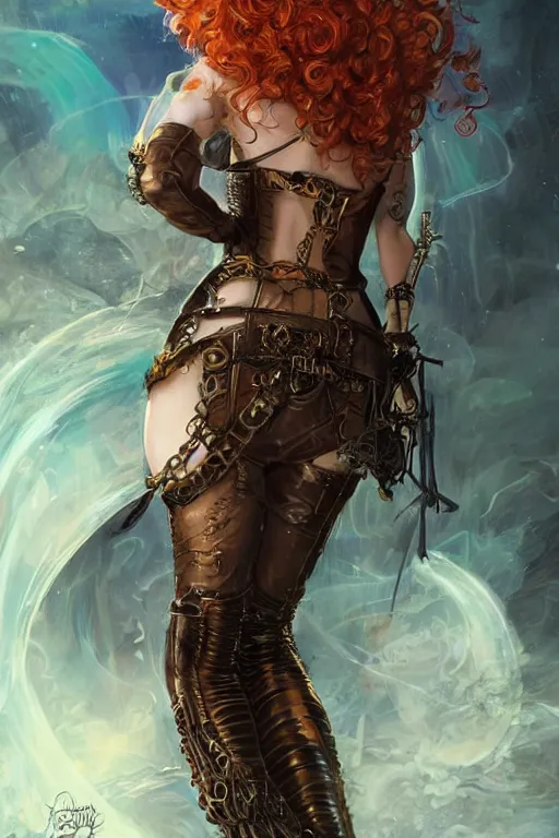 Image similar to portrait from back of Christina Hendricks as a sensual Lady Mechanika, very beautiful young woman, ginger wavy hair, Intricate, steampunk imagery themed, D&D!, fantasy style, sharp focus!, ultra detailed, art by Artgerm and Peter Andrew Jones, WLUP