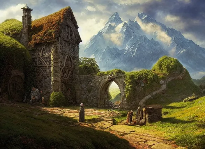 Prompt: medieval adventuers in the shire scenery landscape, lord of the rings, portal, highly detailed, perfect lighting, perfect composition, 4 k, maxfield parrish, artgerm, derek zabrocki, greg rutkowski