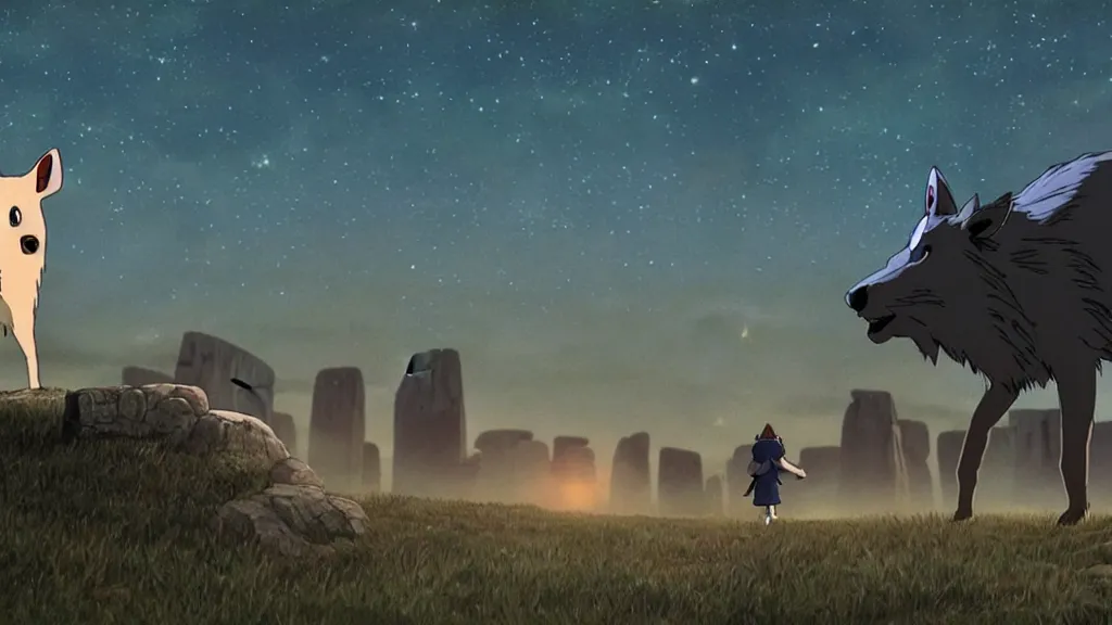 Image similar to a cell shaded cartoon movie still from princess mononoke ( 1 9 9 7 ) showing a chrome ufo over stonehenge. in the background is machu pichu on a misty and starry night. very dull muted colors, hd, 4 k, hq