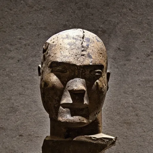Image similar to an extremely ancient ironman bust that is tarnished and covered in sediment from uncovered earth expedition, rare photograph, smithsonian,