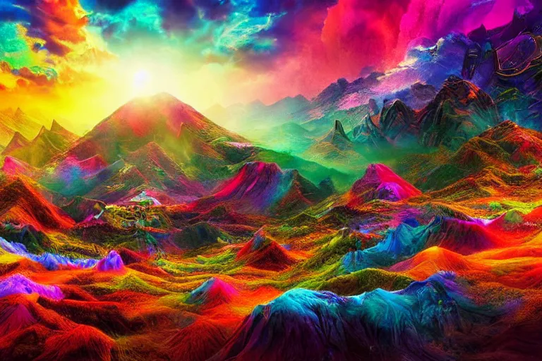 Image similar to a very beautiful crazy colorful landscape photo of a secret civilization, hyperdetailed, cinematic masterpiece