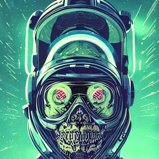 Prompt: portrait of a space pirate skull pepe the frog. intricate abstract. cyberpunk, vhs glitch. full face broken helmet. intricate artwork. nightmare fuel. terrifying. empty oxygen tank. by Tooth Wu, wlop, beeple, dan mumford. octane render, trending on artstation, greg rutkowski very coherent symmetrical artwork. cinematic, hyper realism, high detail, octane render, 8k, iridescent accents, black and white