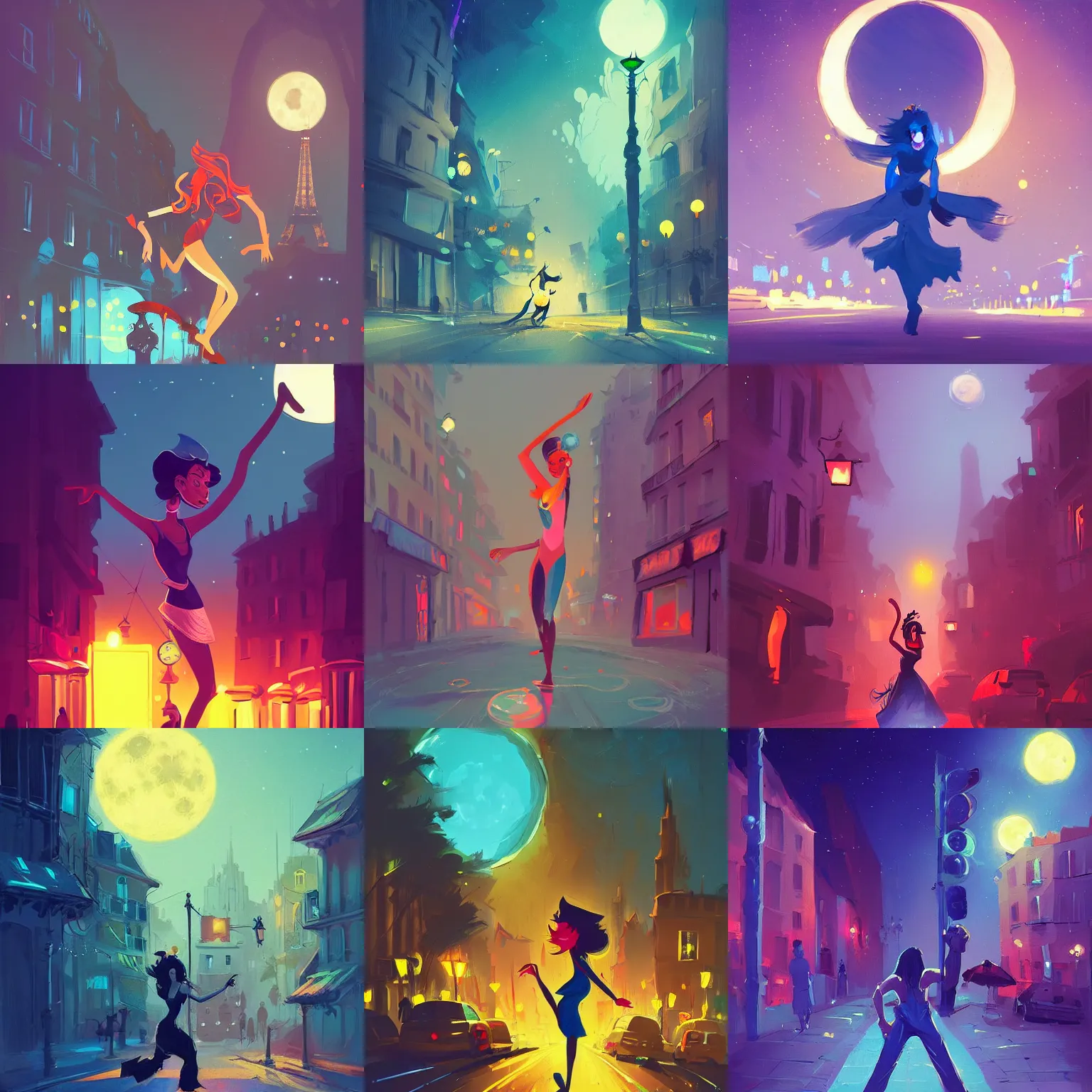 Prompt: portrait of a person passionately dancing in a street in paris at night, blue moonlight, giant moon, by Anton Fadeev and Christian Dimitrov, concept art, romantic, trending on artstation