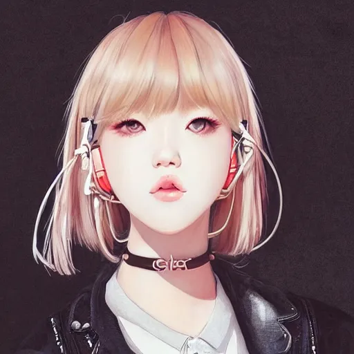 Image similar to realistic beautiful gorgeous natural cute Blackpink Lalisa Manoban blonde hair cute fur blonde cat ears, wearing camisole, wearing headphones, wearing black leather choker artwork drawn full HD 4K highest quality in artstyle by professional artists WLOP, Taejune Kim, Guweiz on Artstation Pixiv