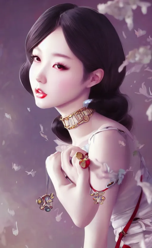 Image similar to a pin up and beautiful fashion charming dreamlke korea girl with lv jewelry, character art, art by artgerm lau and kyoung hwan kim and and ilya kuvshinov and john singer sargent, hyperdetailed, 8 k realistic, symmetrical, frostbite 3 engine, cryengine, dof, trending on artstation, digital art