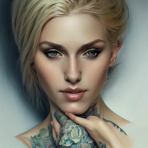 Image similar to ultra realistic illustration, a hot and beautiful tattooed blonde slavic woman in her 3 0's, intricate, elegant, highly detailed, digital painting, artstation, concept art, smooth, sharp focus, illustration, art by artgerm and greg rutkowski and alphonse mucha