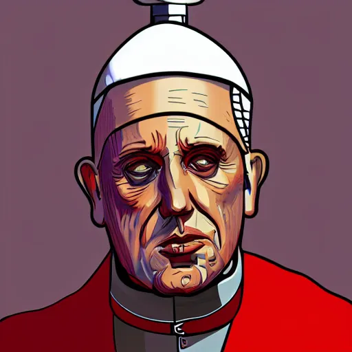 Prompt: cyberpunk pope francis with mitre as the leader of a futuristic communist nation, cybernetics, sharp lines, digital, artstation, colored in
