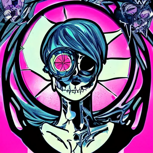 Image similar to anime manga skull portrait girl female skeleton astronaut illustration 80s art frank miller Ditko and alphonse mucha pop art nouveau