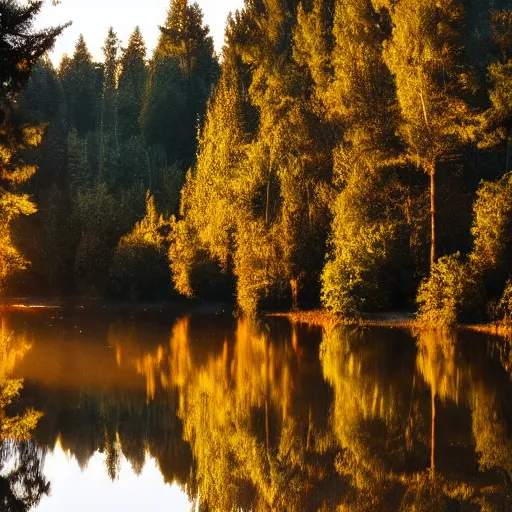 Image similar to calm peaceful forest during sunset, 8k hd, light reflection, relaxing, alone, first person