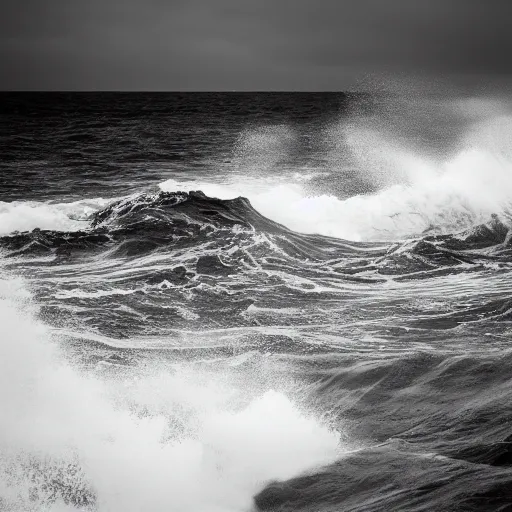 Prompt: dark ocean, towering waves, grey - scale, highly turbulent, deep focus, dark sky, high point of view, hands and faces